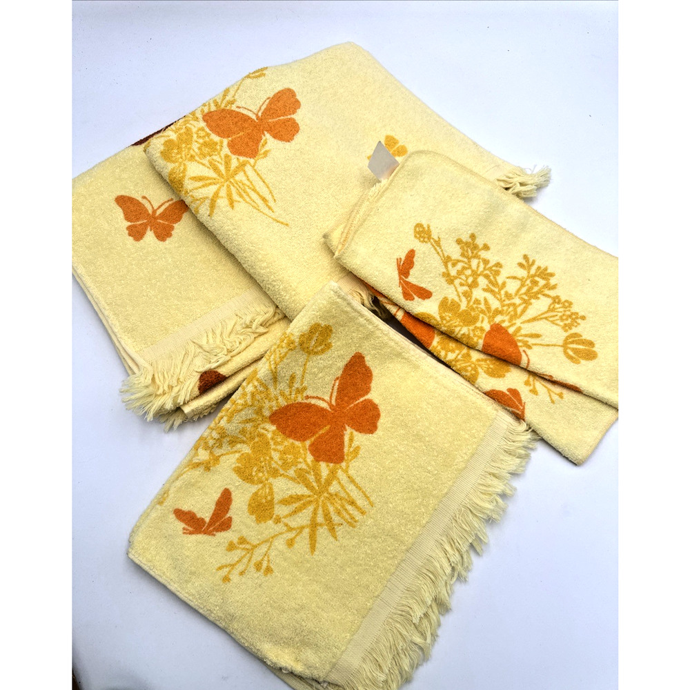 Vintage Yellow Cannon Butterfly Bath Towel Set MCM NWT